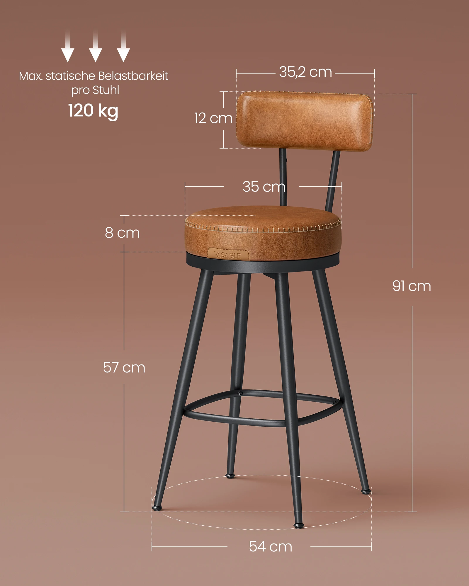 VASAGLE EKHO Kollektion - 360° drehbarer Barhocker, 2er Set, Hocker mit Rückenlehne für Kücheninsel, Kunstleder mit Nähten Image