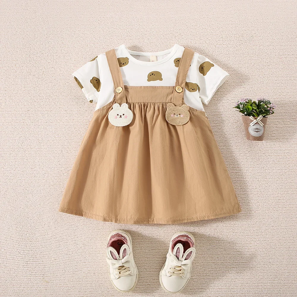 Sommer Baby Mädchen Baumwolle Teddybär Gedruckt Kurzarm Kleid Für Mädchen Gefälschte Zwei-Stück Träger Kleid Nettes Kleid Image