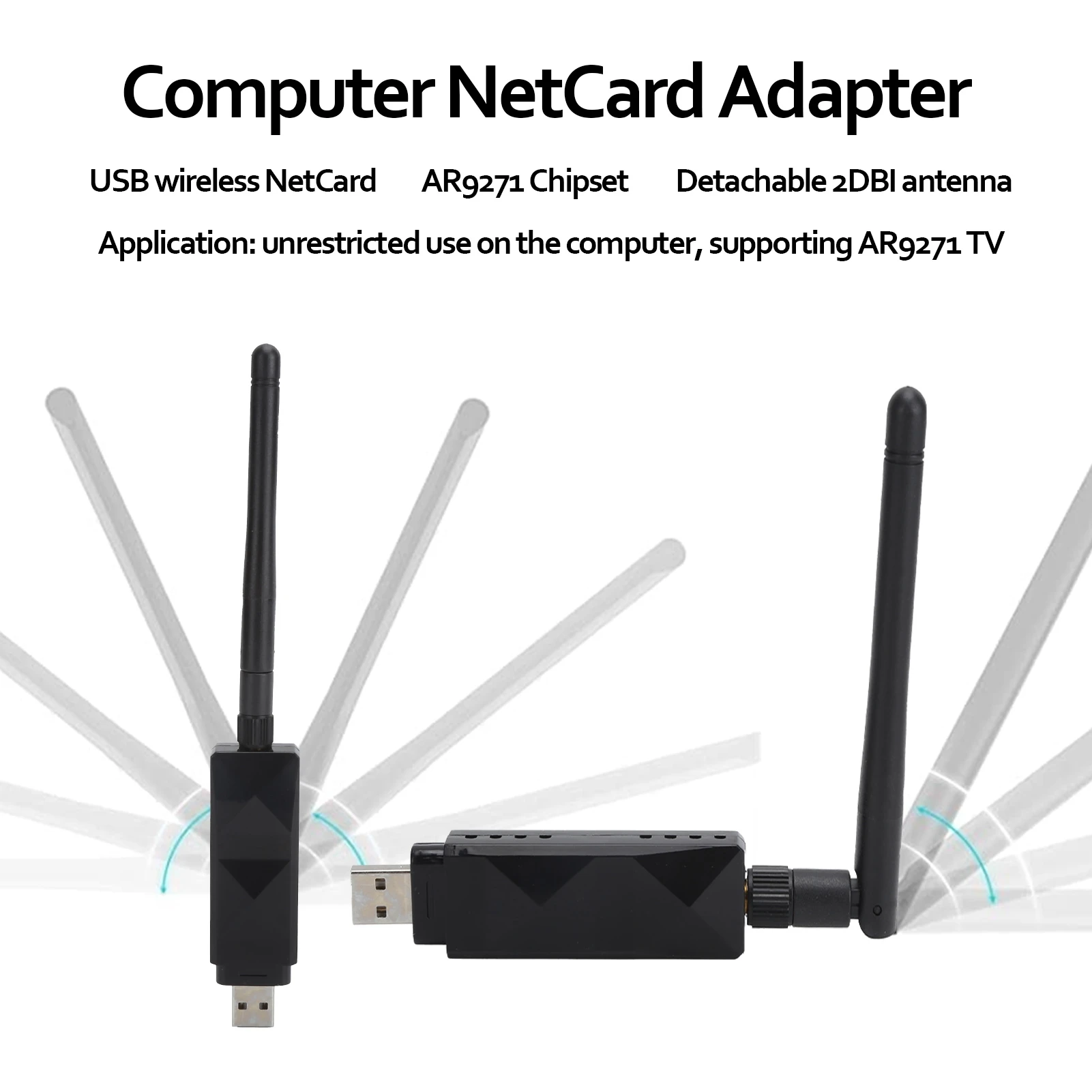 Universeller AR9271 kabelloser USB-WLAN-Adapter mit abnehmbarer 2DBI-High-Gain-Antenne für PC, Laptop, TV, Streaming, Plug-Play, stabil Image