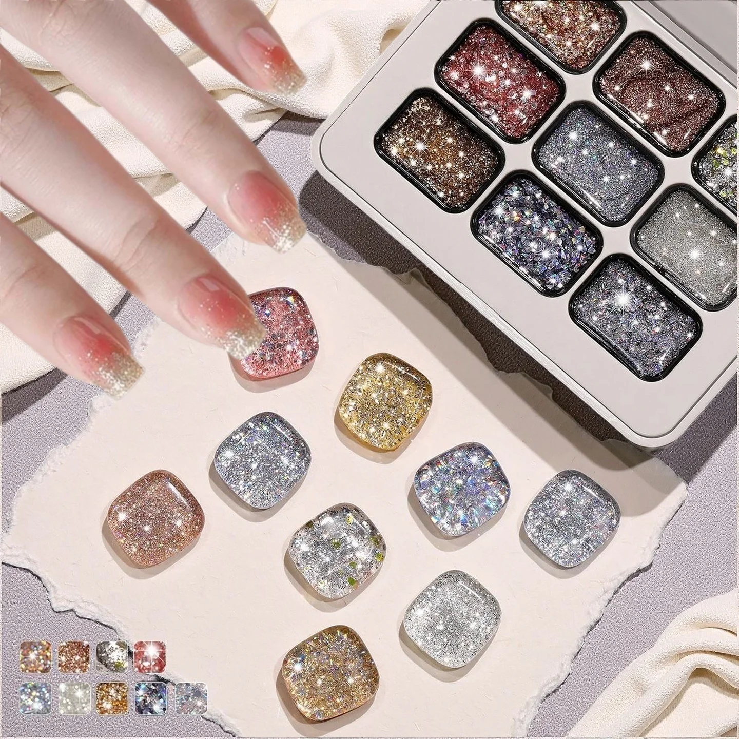 Neunfarbiges Diamant-Nagelgel, geeignet für DIY-Nägel, Salon und Nageldesign. Image