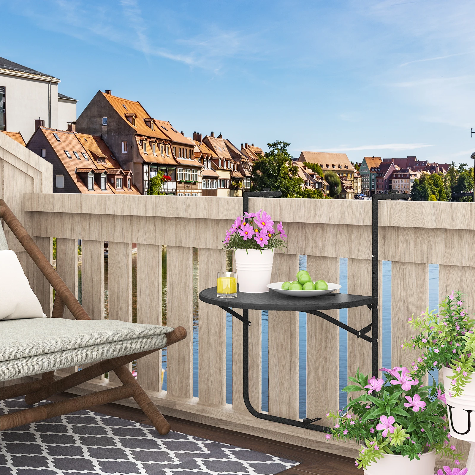 WOLTU Hängender Balkontisch, höhenverstellbar, klappbar, Wanddeck, Tischregal, Tisch im Rattan-Look, für Terrasse, Garten im Freien