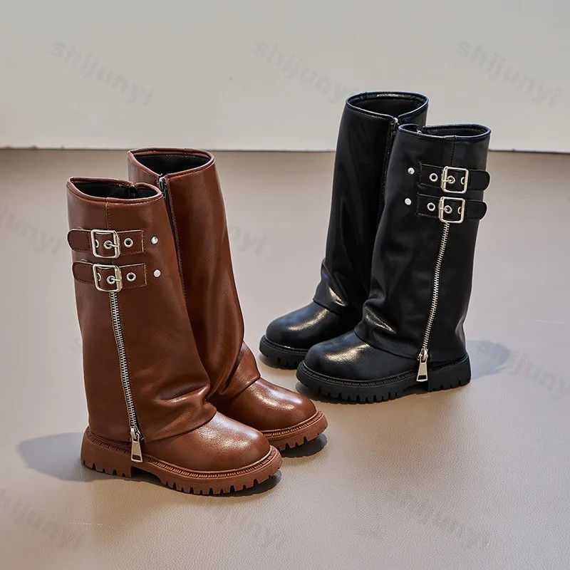 Kinder Pu-Lederstiefel 2025, Herbst, bequem, rutschfest, Reißverschluss, modisch, für Kinder, Kniestiefel, Mädchen, Outdoor, Schnalle, Prinzessinnenstiefel Image