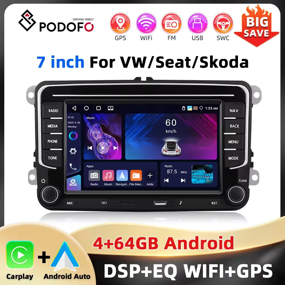 Podofo 7'' 4 + 64G Auto Radio Für VW/MAGOTAN/PASSAT/CADDY/POLO Multimedia Player WIFI Carplay Android Auto EQ GPS Typ-C Auto Stereo Image