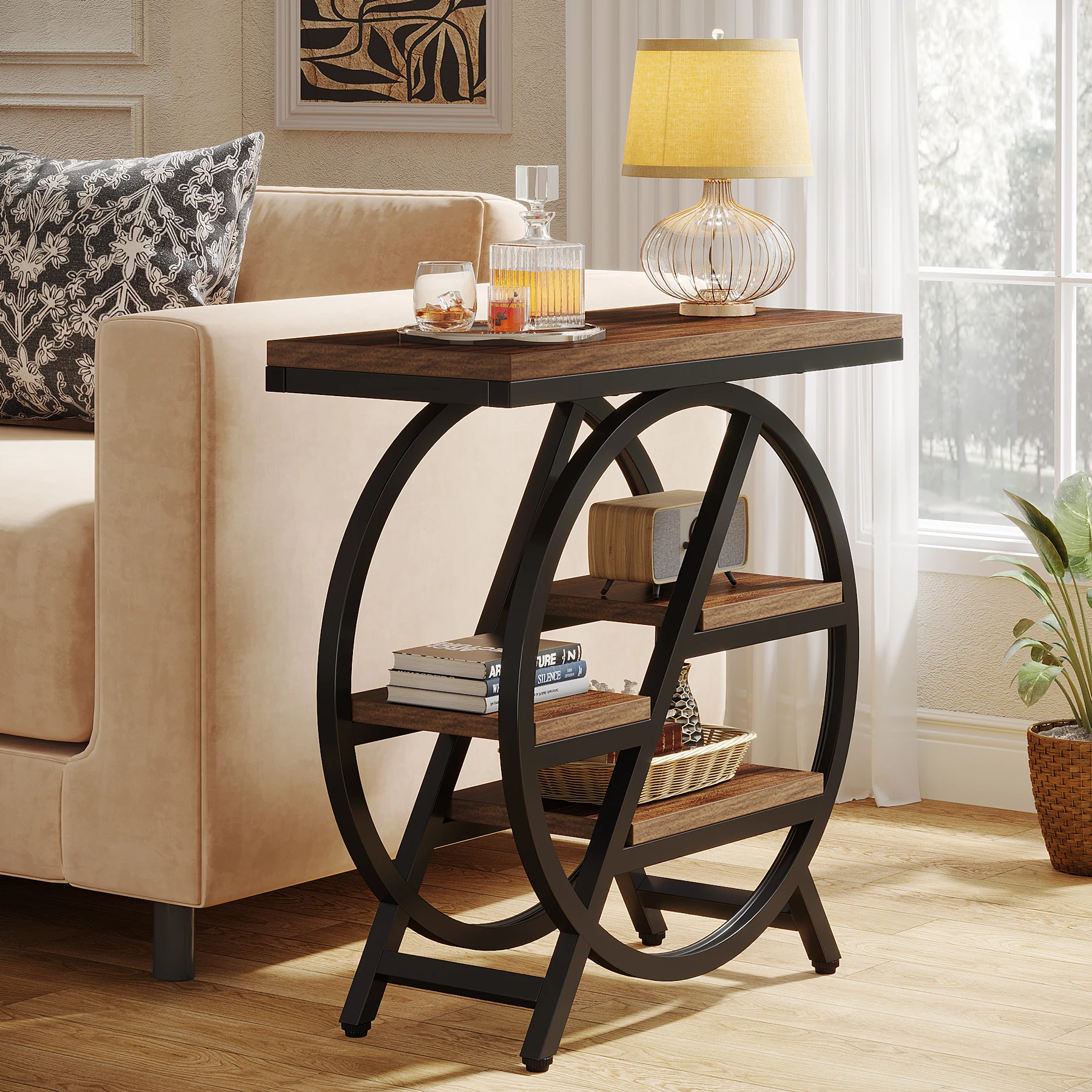 Tribesigns 3-stöckiger Beistelltisch, schmaler Beistelltisch mit Stauraum für Wohnzimmer, Sofa-Beistelltisch aus Holz mit geometrischem Metallrahmen