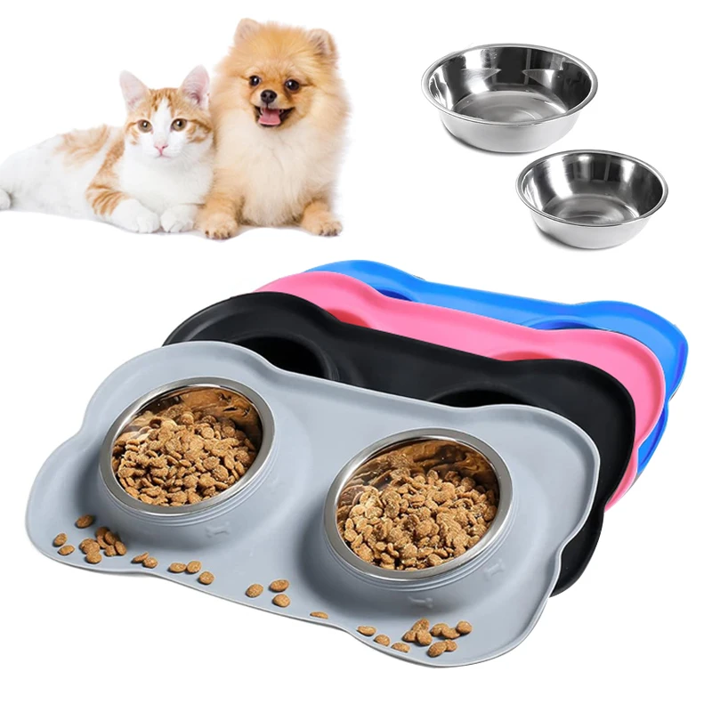 Edelstahl Haustier Hund Feeder Silikon Anti-verschütten Katzen Hund Doppel Schüssel Haustier Fütterung Trinkwasser Schüsseln Hundefutter Spender