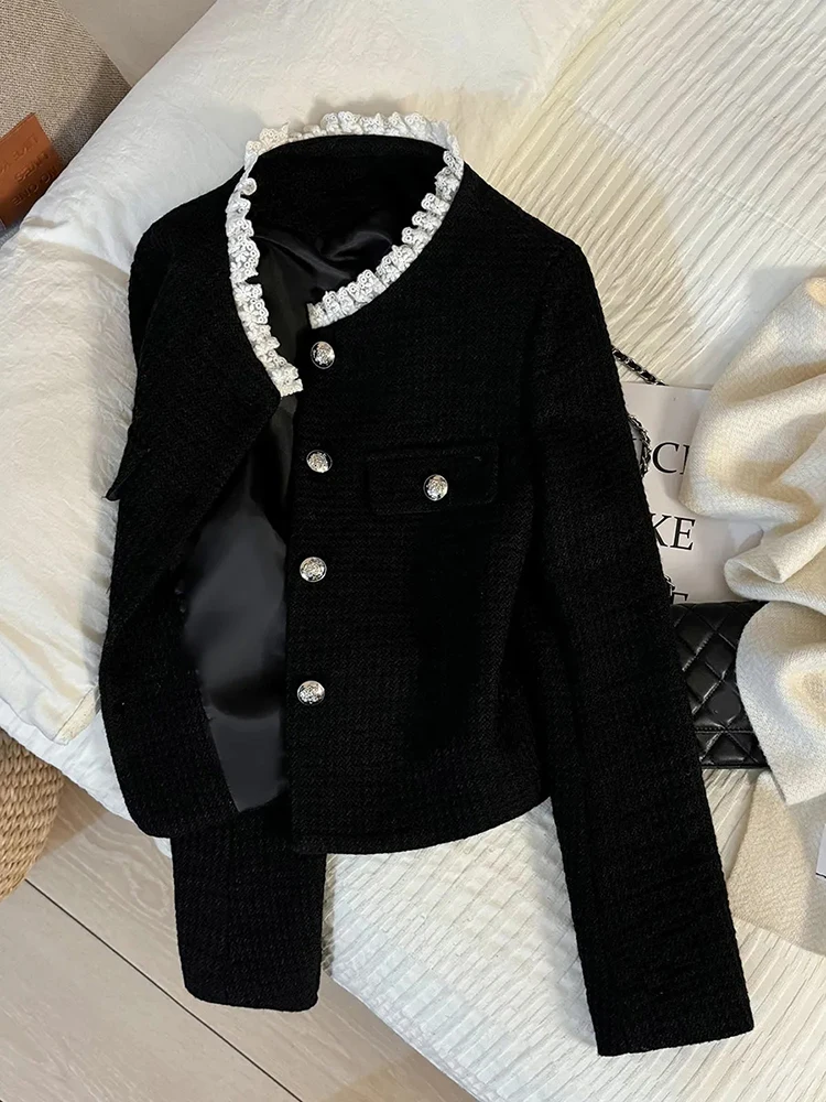 Schwarz Stehkragen Blazer Frauen Spitze Patchwork Elegante Büro Dame Crop Anzug Jacke Frühling Herbst Kleine Duft Sanfte Outwear