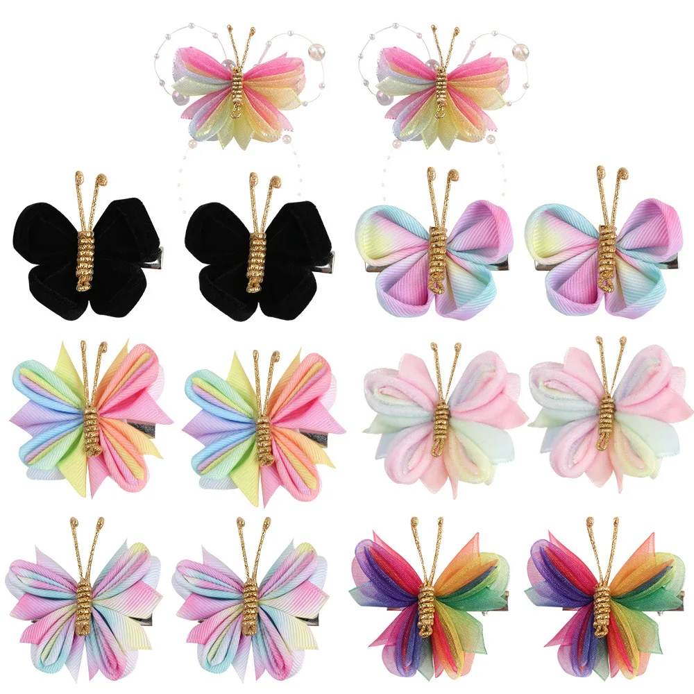 2 teile/satz Schmetterling Haar Clip Gradienten Beflockung Haarnadeln mit Gold Nette Gaze Headwear Mädchen Kinder Haar Zubehör Geschenk Image