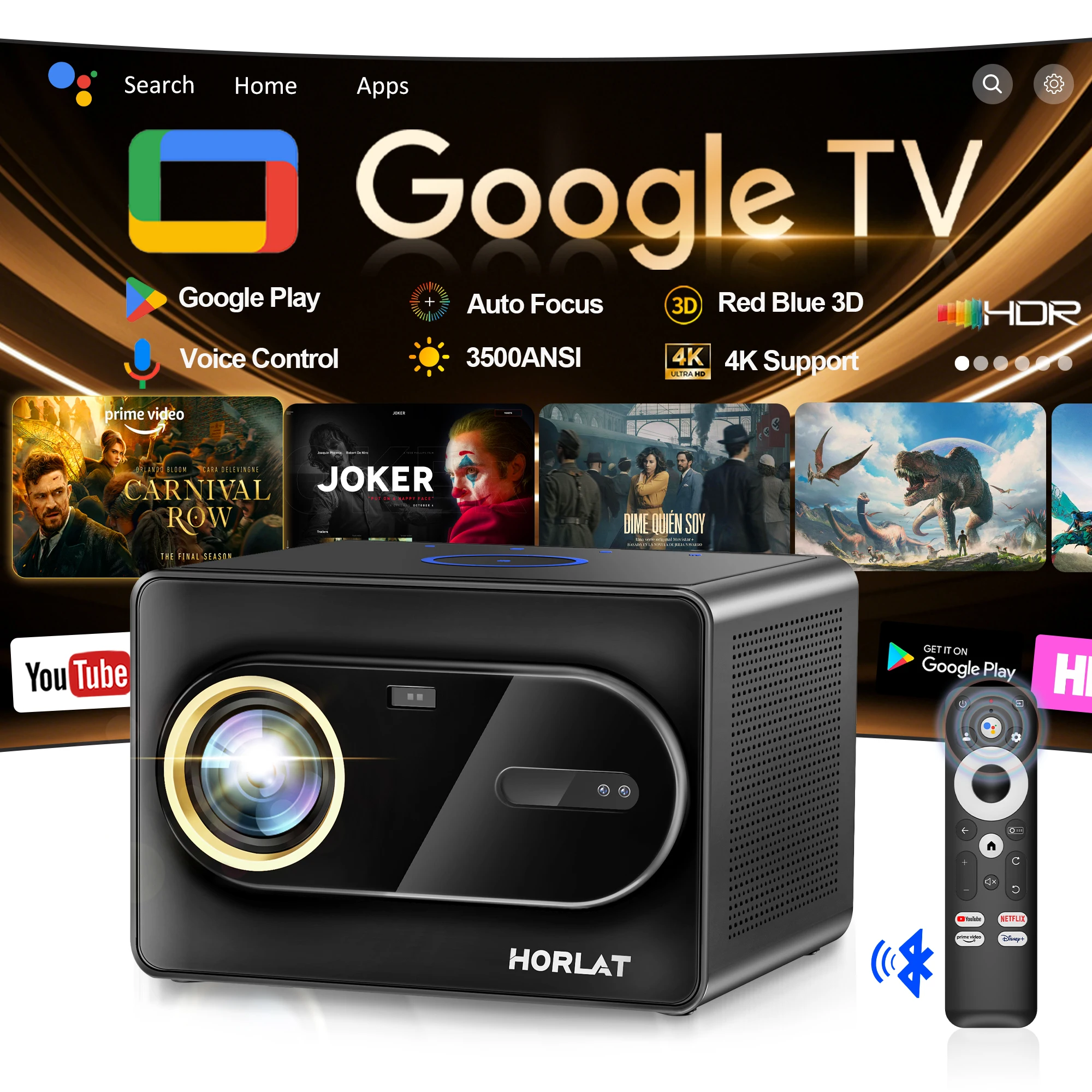 HORLAT 3500ANSI Google TV Projektor 4K Vollständig Geschlossener Optischer Beamer Heimkino 1080P 5G WiFi6 TOF Autofokus Gaming-Projektor