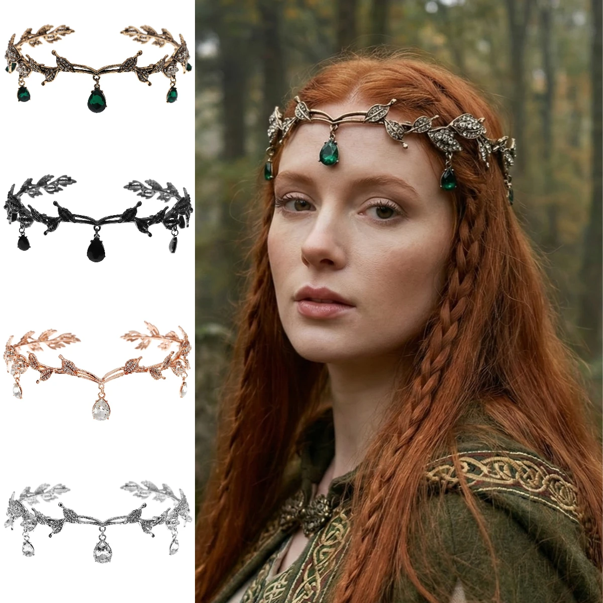 Vintage mittelalterliche Legierung Blatt Stirnband Barock Strass Braut Tiara Krone Mode Elfen/Elfen Stirn Kette Haarschmuck Image
