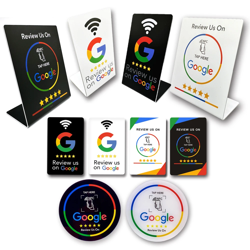 NFC215 Programmierbare Google Review Acryl-Aufkleberkarte, NFC-Stationstisch, 13,56 MHz, wasserdichter NFC-Ständer, Google Review Card Image