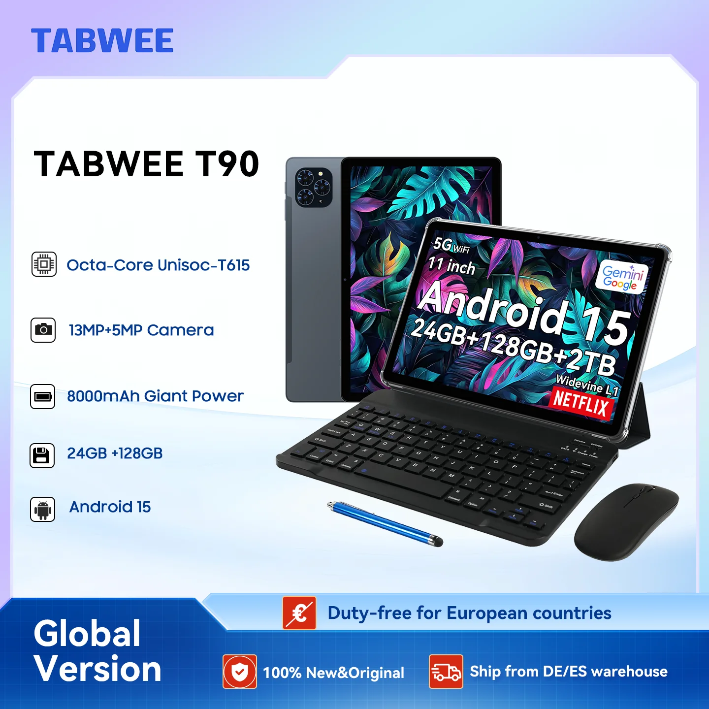 TABWEE T90 Android 15 Tablet mit BT-Tastatur, Maus – Gemini AI, 24 GB (8+16) RAM 128 GB ROM, Octa Core T615, Gaming-Tablet 11 Zoll Image