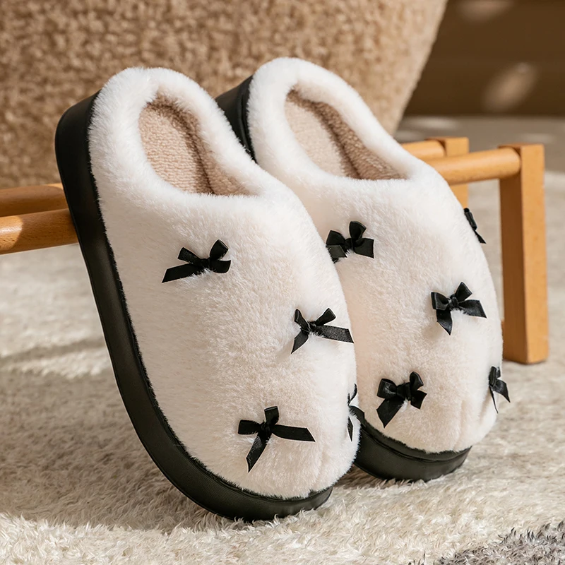 Mode frauen Bogen Hausschuhe Winter Indoor Hause Warme Non-Slip EVA Dicken Boden Paare Schuhe Plüsch Weiche Sohle haus Rutschen Image