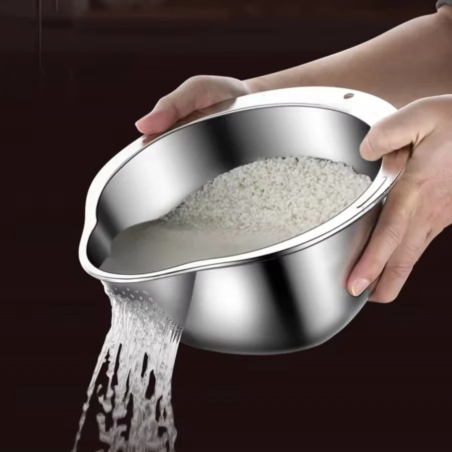 Reis Waschmaschine Sieb Schüssel Edelstahl Reis Waschen Schüssel Reis Sieb Sieb Obst Und Gemüse Sieb Küche Werkzeuge Image