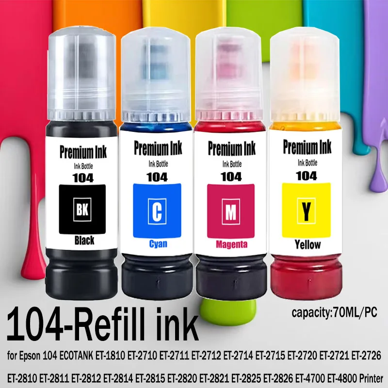 104 Premium Farbkompatible Nachfülltinte auf Wasserbasis für Epson ECOTANK ET-2821 ET-2825 ET-2826 ET-2830 Drucker Image
