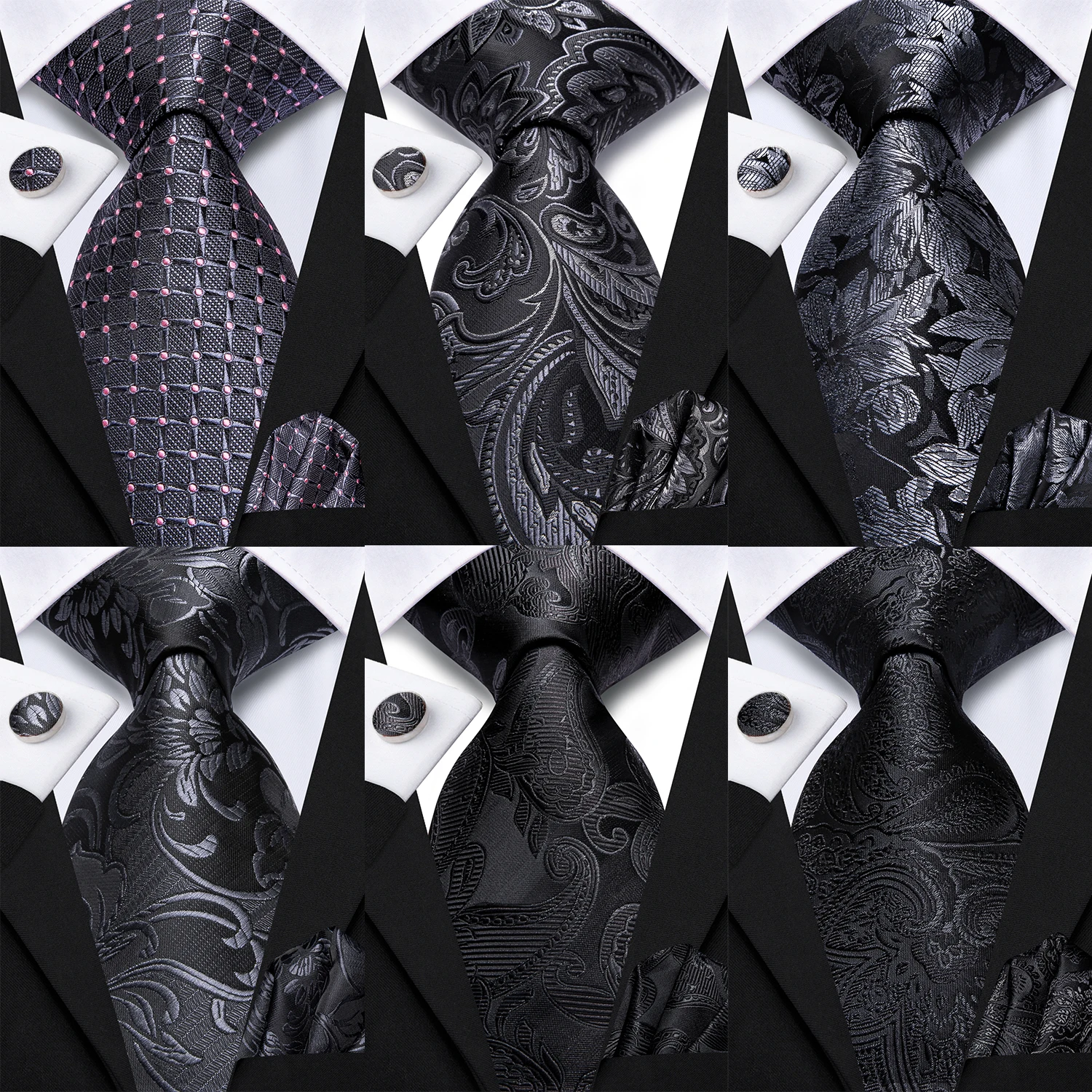Hi-Tie Mode 8,5 cm Schwarz Grau Floral Herren Elegante Krawatte Taschentuch Manschettenknöpfe Set Hochzeit Party Zubehör Geschenk für Männer Gravat
