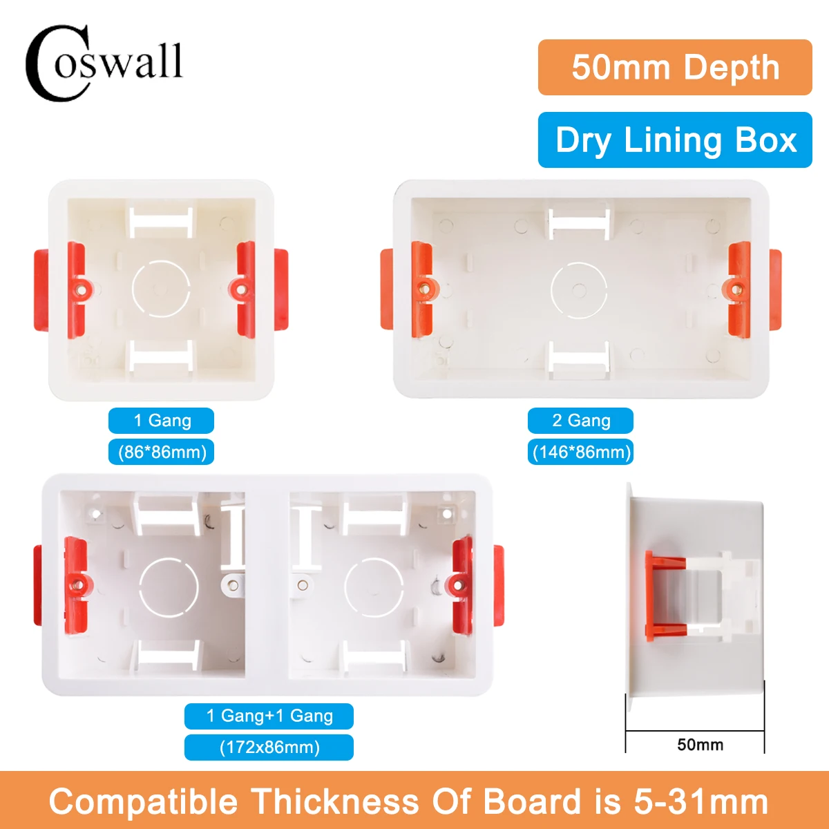 Coswall 86 Typ Kassette 1/2 Gang Trockenfutter Box für Gipskarton/Trockenbau/Gipsboad 50 mm Tiefe Wandschalter BOX Wandsteckdose