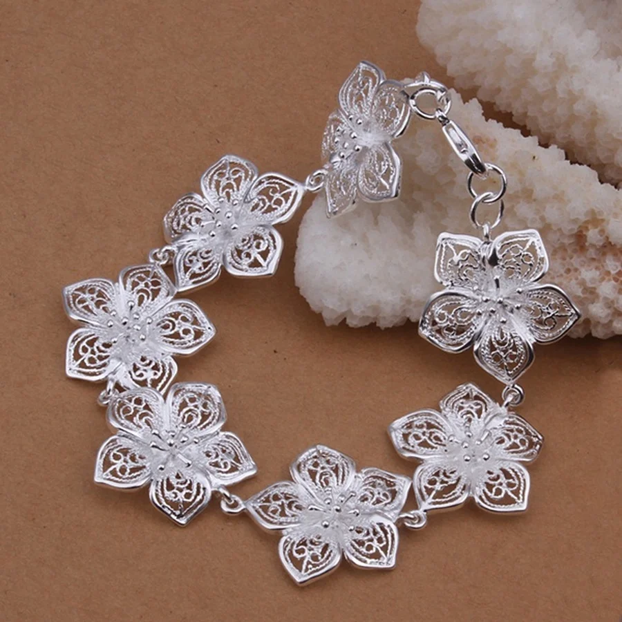 925 Sterling Silber Armband Blumenkette Elegant Schöner Schmuck Hochzeit für Frauen Dame Niedlich 20 cm 8 Zoll