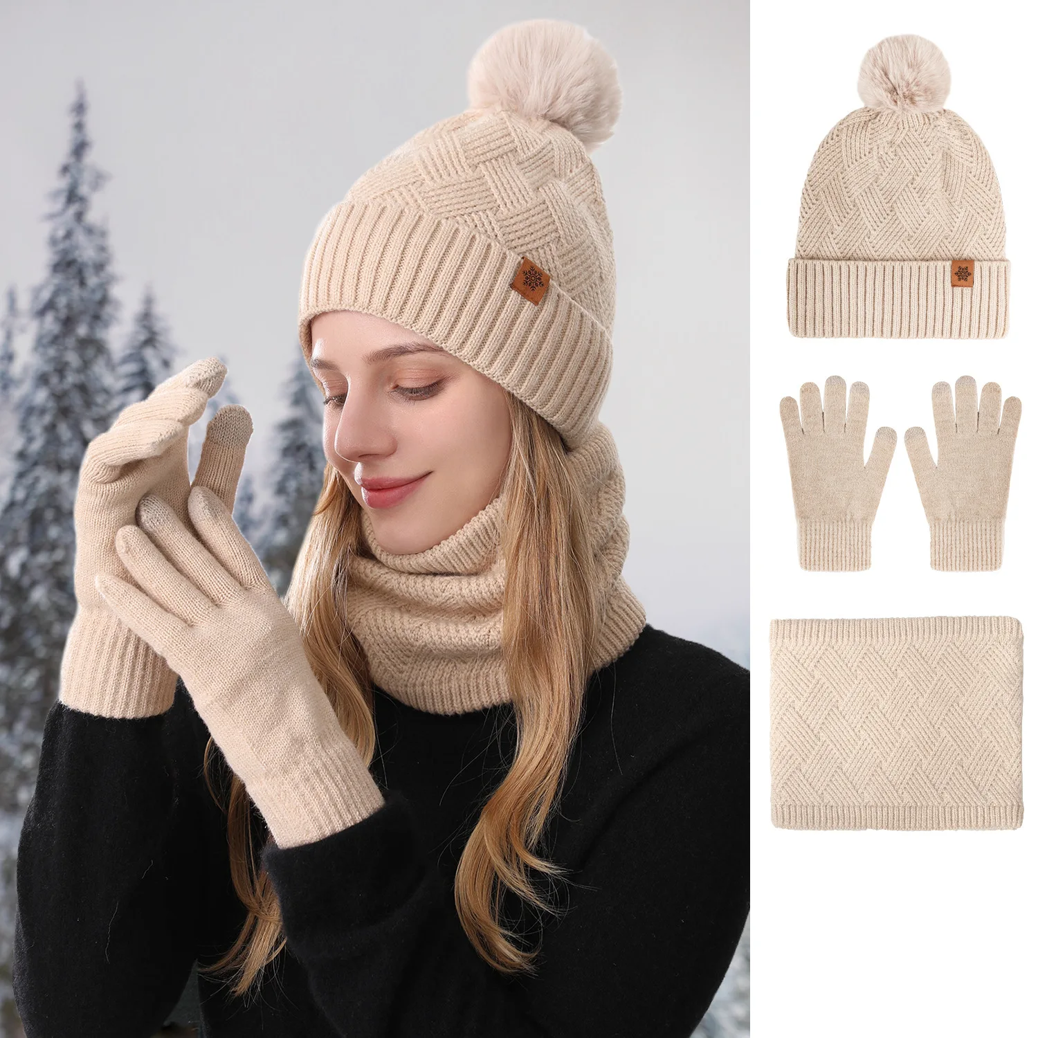 Herren/Damen Outdoor Warme Fleece-gefütterte Strickmützen Winter Kältebeständige doppellagige Strumpfmütze Einteiliges/dreiteiliges Set Skullies Image
