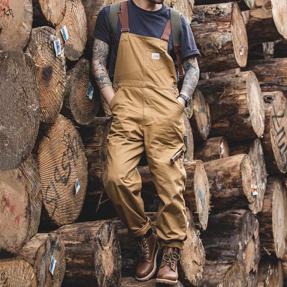 Vintage Herren Khaki Latzhose Overall Cargo-Arbeitshose Baggy Fit Kontrastfarbene Baumwoll-Overalls Gerade Frühling-Herbst-Hose