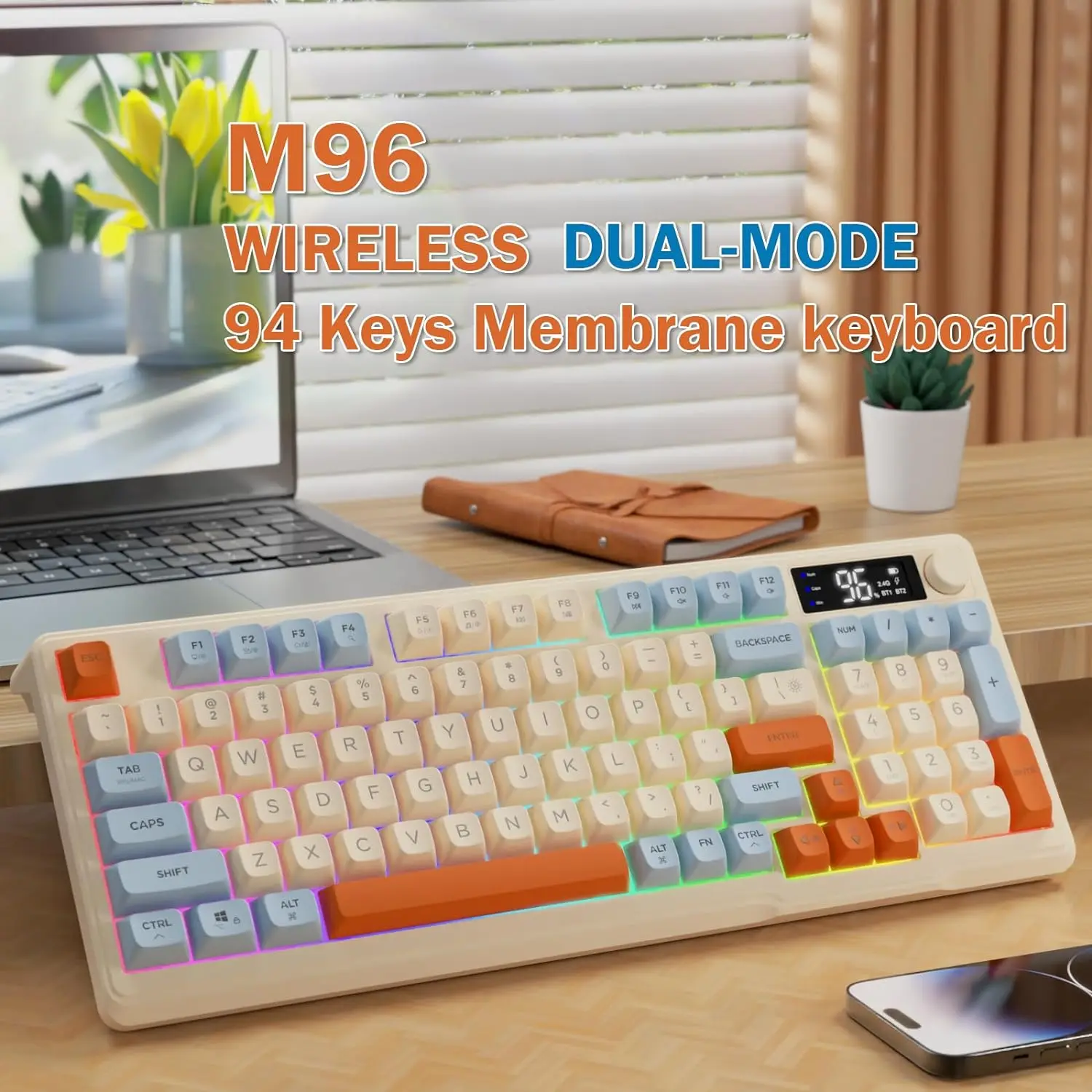 ZIYOU LANG Kabellose Gaming-Tastatur mit Display und Knopf, Bluetooth/2,4 GHz leise Membrantastatur, 3000 mAh wiederaufladbar Image