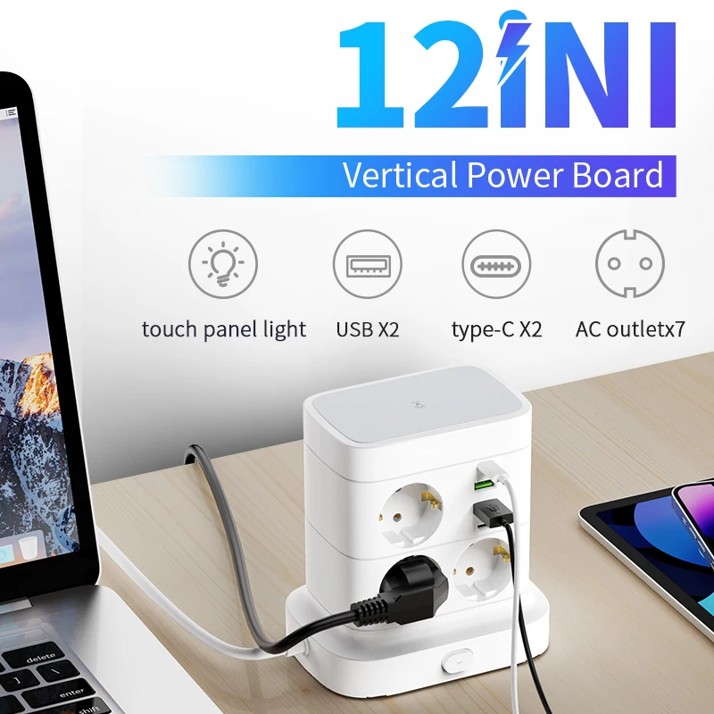 Tower-Steckdosenleiste, mehrere Steckdosen mit 2 USB + 2 Typ C, 2 m Verlängerungskabel, EU-Stecker, vertikale Steckdose, Überlastschutz Image