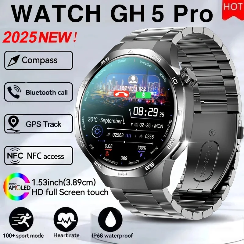 2026 Watch 5 Pro GPS-Tracking Kompass Smartwatch für Herren 360*360 AMOLED-Bildschirm NFC BT-Anruf Wasserdicht Gesundheitsmonitor Herren-Smartwatches