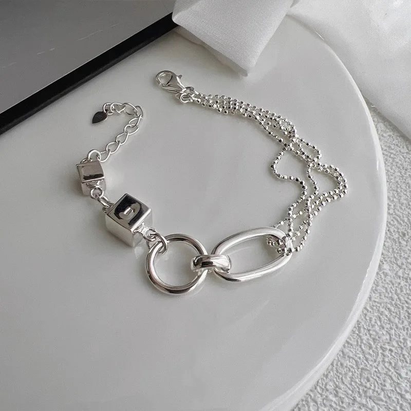 925 Sterling Silber Armband Geometrische Cube Kreis Punk Asymmetrische Perlen Für Frau Mädchen Mode Schmuck Geschenk Dropship Großhandel Image