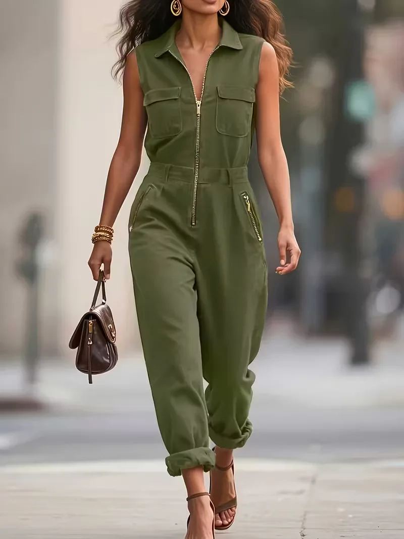 Eleganter Jumpsuit, einfarbig, mit Reißverschluss, einteiliger Jumpsuit, schicker, schmal geschnittener Jumpsuit mit weitem Bein, lässiger, ärmelloser Overall für Damen, Sommer Image