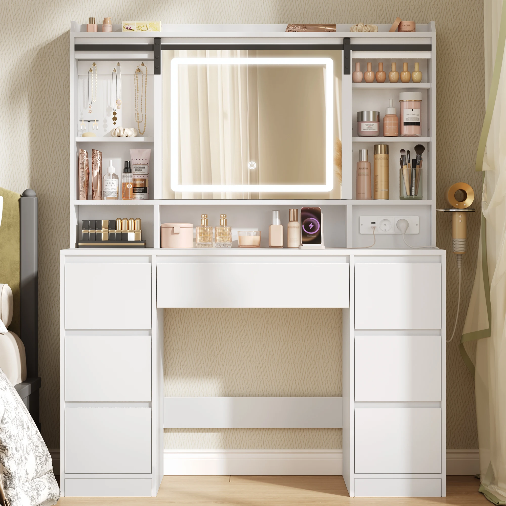 Schminktisch mit abnehmbarem Spiegel, Schminktisch, 7 Schubladen, offene Regale, für Schlafzimmer 40 × 108 × 148,6 cm, Weiß Image