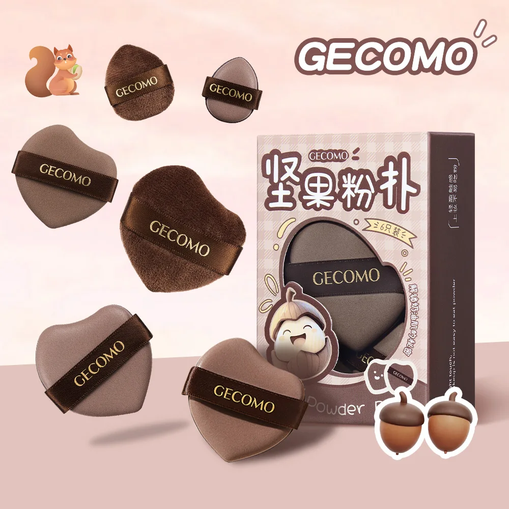 GECOMO 6-teiliges Nuss-Puderquaste-Set, Schwamm, trocken und nass, Dual-Use-Lederoberfläche, Beflockung, Make-up-Puff, weiches, hautfreundliches Luftkissen Image