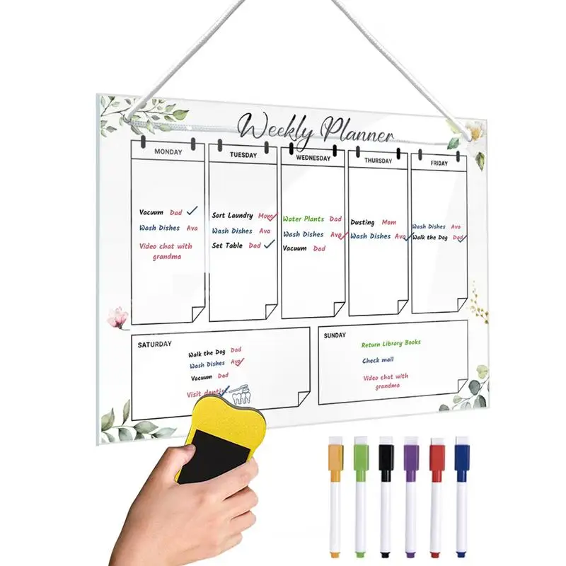 Wöchentlicher Acryl-Trocken lösch brett Acryl lösch barer und wieder verwendbarer Wandkalender Wochen planer für Schlafzimmer enthält 6 Farb markierungen Image