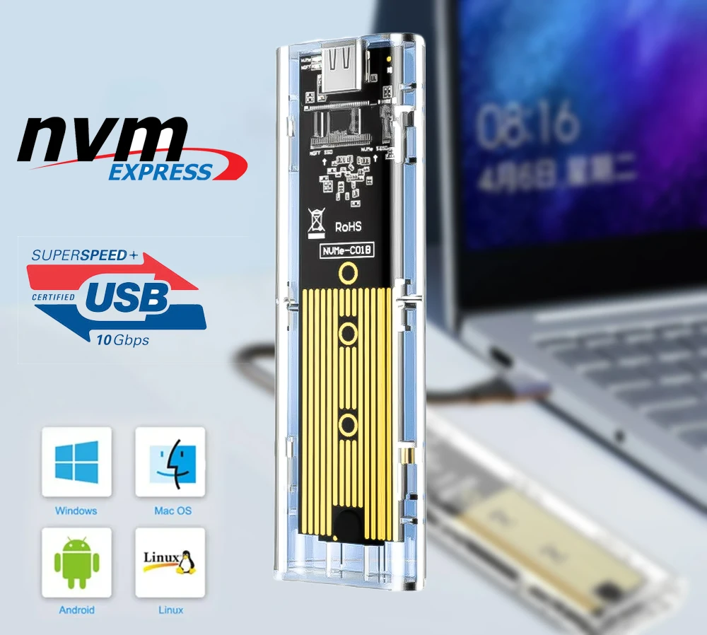 M.2 NVME PCIe NGFF SATA Dual Protocol SSD-Gehäuse Klare USB Typ C 10 Gbit/s PCI-E M2 SSD Transparentes externes Gehäuse Festplattenbox Image