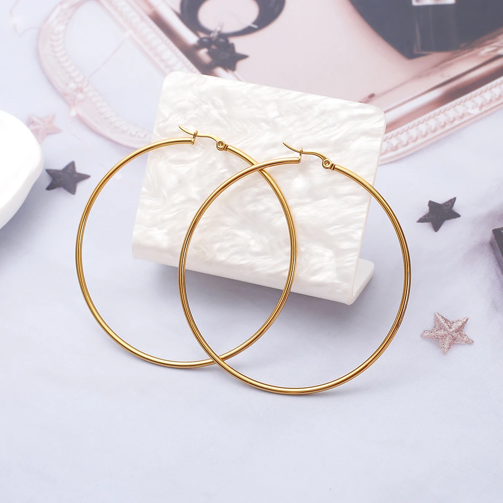 Neue Gold Farbe Große Creolen Ring Vintage 40mm 50mm 60mm 70mm 80mm frauen Ohrringe edelstahl Täglichen Verschleiß Ohr Schmuck