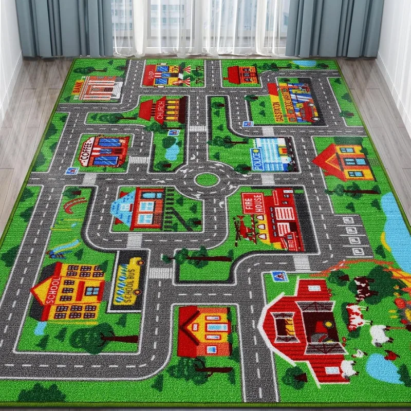 Junge und Mädchen Spiel Teppich Blau Rosa Grün Weiche Klettermatte Urban Road Rail Transit Teppich Büro Kinderzimmer Dekoration Image