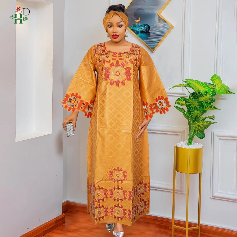 H&D Afrikanische Kleidung Kleider Für Frauen Elegante Hochzeit Party Kleid Ankara Dashiki Langes Kleid Roupas Bazin Riche Gelbe Roben