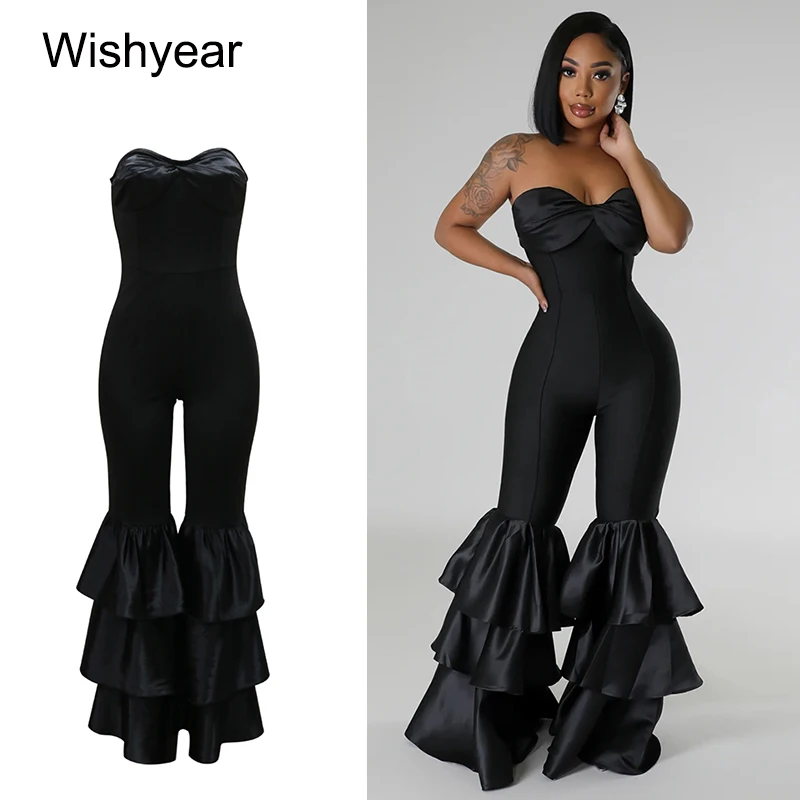 Neue Ein Stück Overalls Frauen Schwarz Liebsten Ärmellose Sexy Strampler Slim Fit Lange Rüschen Flare Hose Nachtclub Sogar Overalls