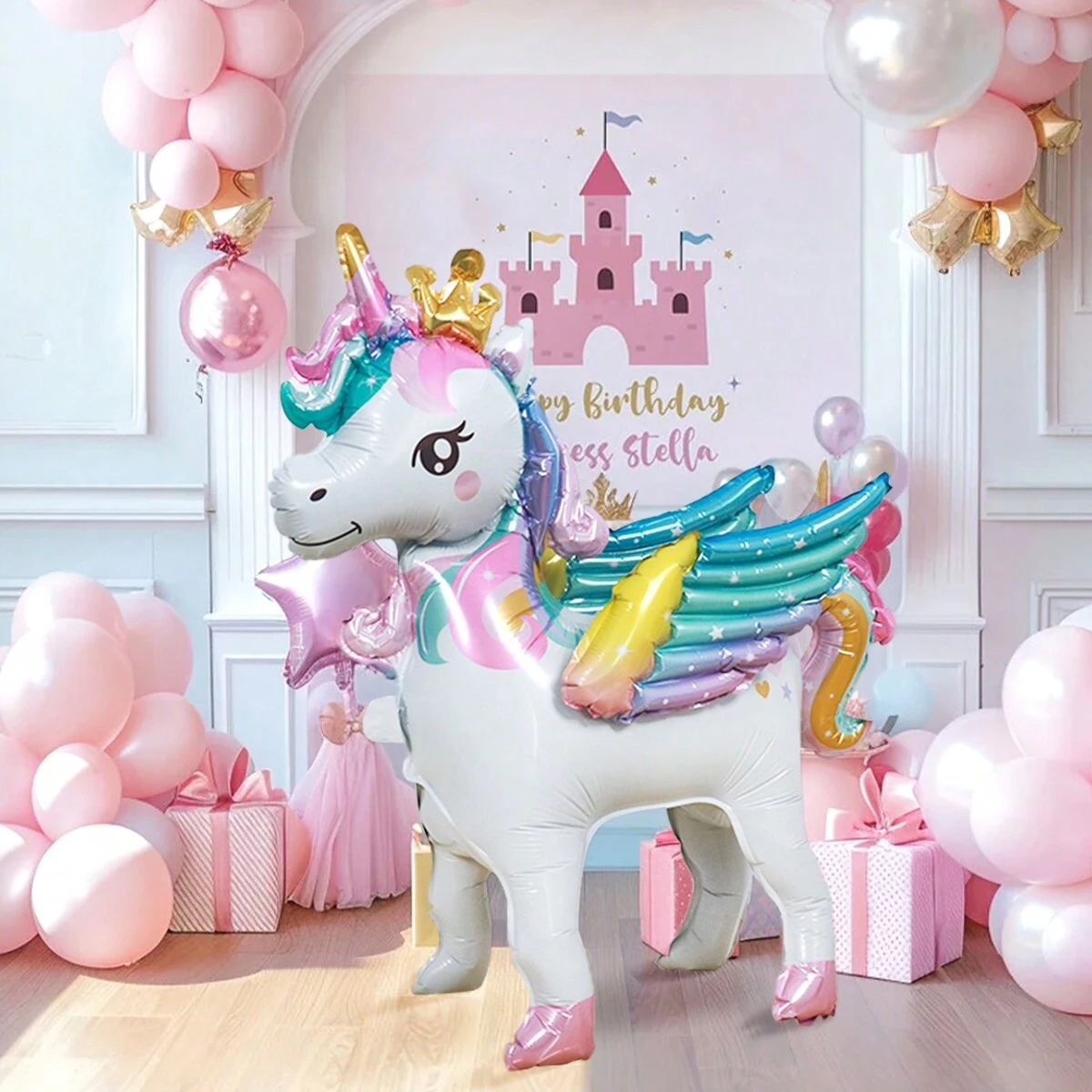 1 Stück freistehender süßer Einhorn-Ballon, Geburtstagsdekoration, Regenbogen-Einhorn-Partyzubehör, Raumdekoration Image