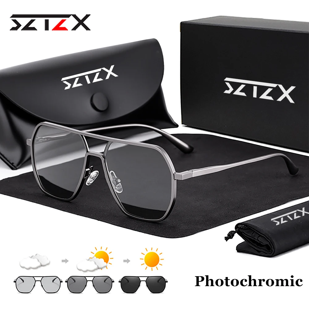 SZTZX Aluminium Männer Photochrome Sonnenbrille Frauen Mode Polarisierte Fahren Schatten Sonnenbrille Quadratische Chameleon Anti-glare Brillen Image