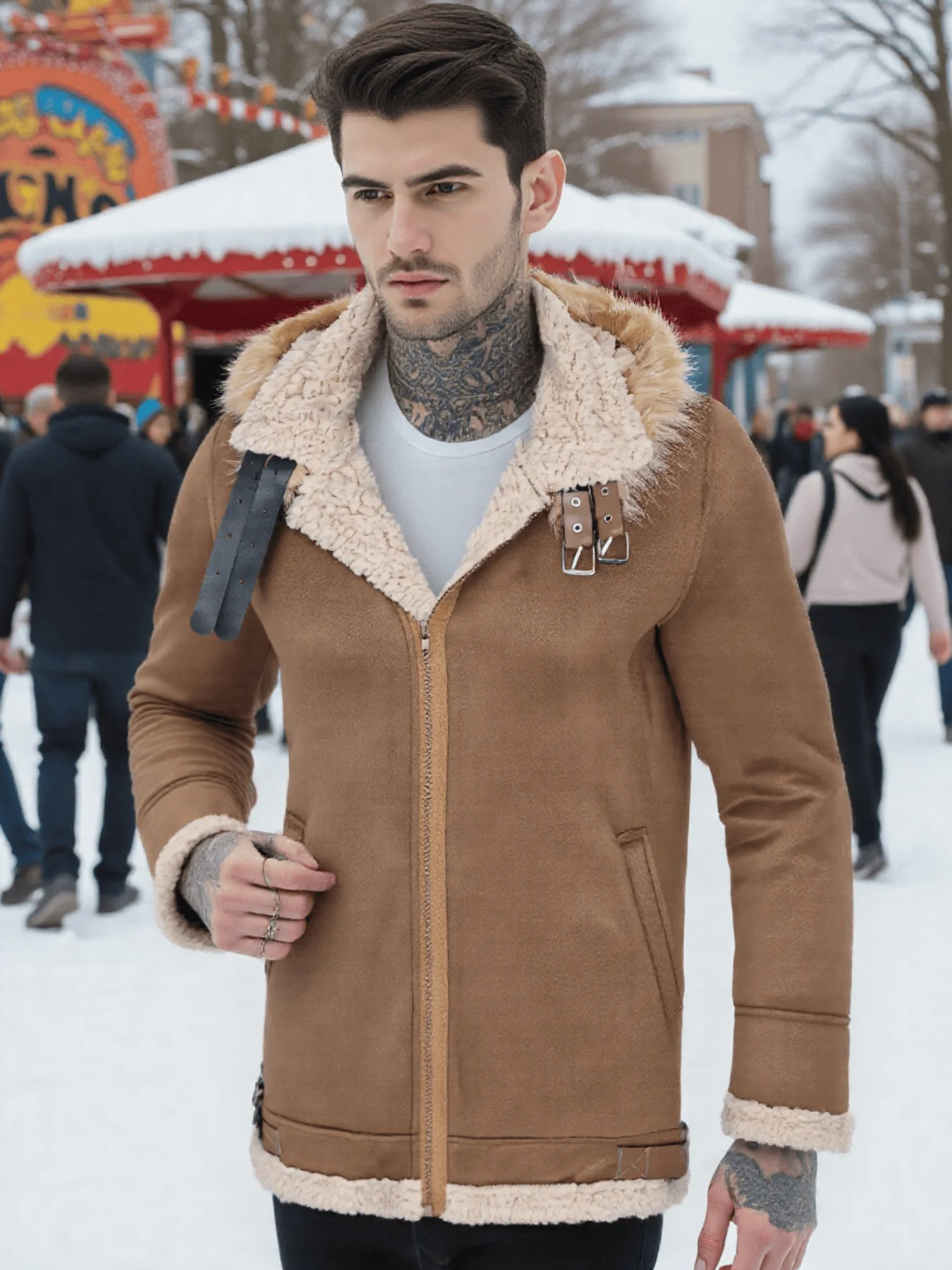 Lässiger Herren-Wollmantel, verdickter Tweed-Jacke mit Reißverschluss für Herbst/Winter, warmer, mittellanger, winddichter Tweed-Mantel für den Pendelverkehr