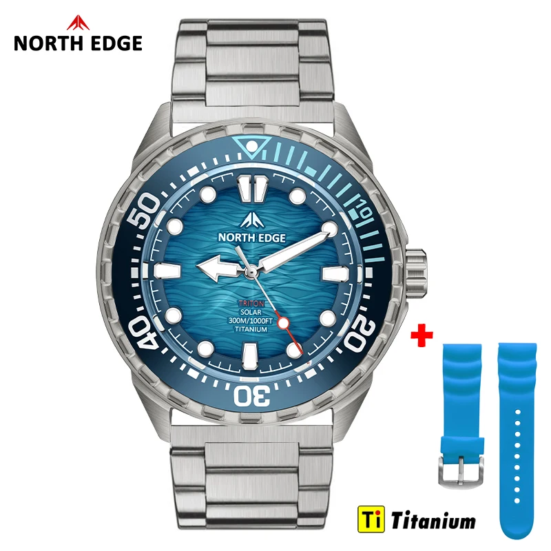 NORTH EDGE TRITON-TI Titan-Edelstahl Solarbetriebene Taucheruhr Luxus-Quarzuhren für Herren 300M Wasserdicht 180+ Tage Energie Image