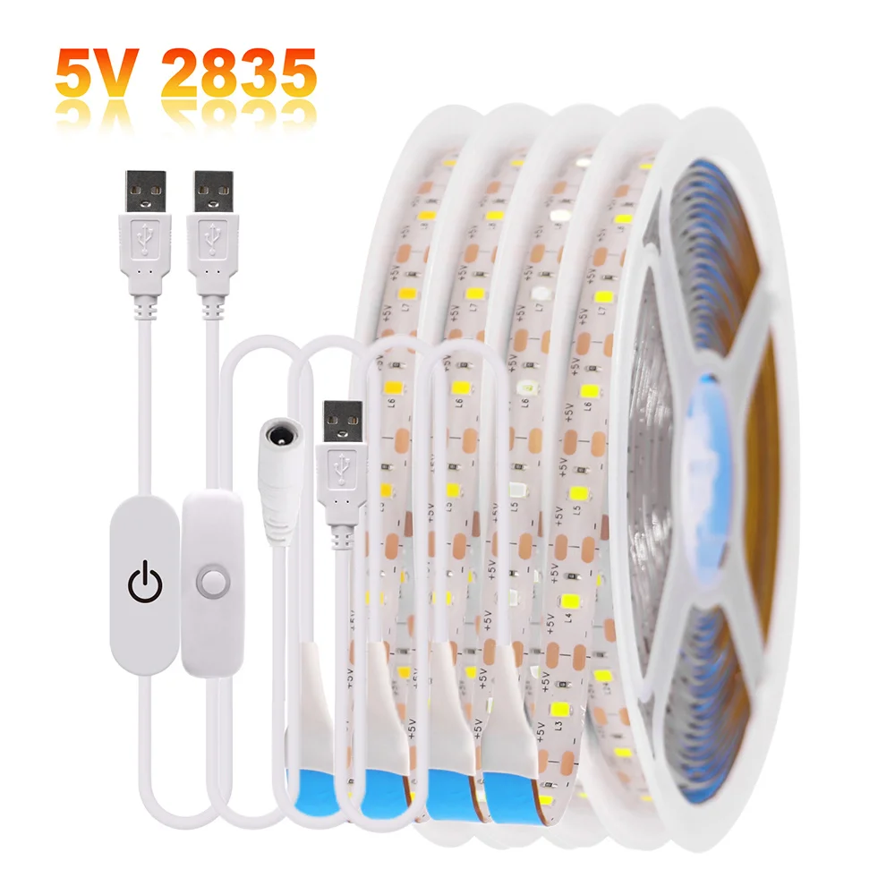 5 V USB 2835 LED-Streifenlicht mit DC-Stecker 3528 SMD Flexibles LED-Bandband 60 LED 0,5 m 1 m 2 m 5 m Schrankbeleuchtung Nacht-TV-Hintergrundbeleuchtung