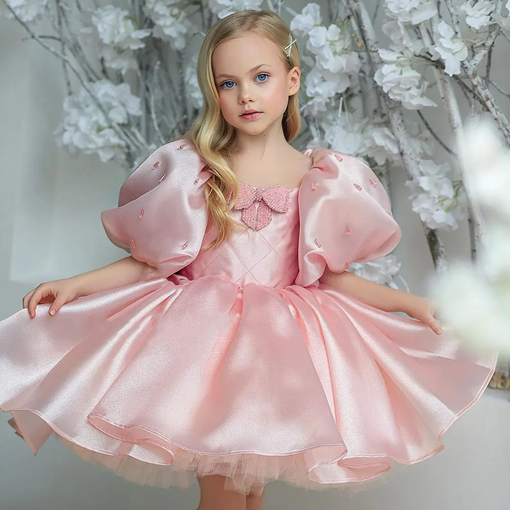 Jill Wish M032 Elegantes Kinder-Ballkleid - Rosa Perlenbesetztes Kleid mit Ballonärmeln und Tüllsaum für Hochzeit, Party, Geburtstag und Festlichkeiten