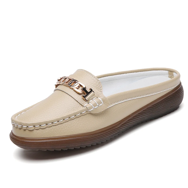 Echtes Leder Halbe Schuhe Für Frauen Luxus Casual Wohnungen Dame Slip Auf Loafers Mokassins Hausschuhe Hause Große Größe 42 43