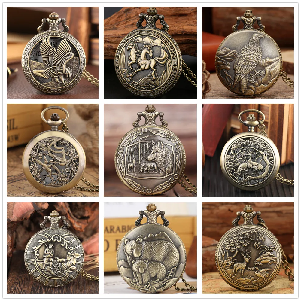 Vintage Bronze Wildtier Muster Halskette Uhren Wolf/Adler/Hirsch/Bär/Pferd/Vögel Retro Elegante Quarz Taschenuhr