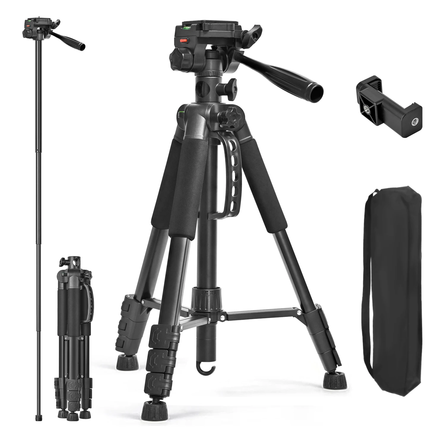 63''/160 cm Video-Stativ-Einbeinstativ, 3-Wege-Pan-Tilt-Kopf, Überkopfkamera-Halterung, horizontale Mittelachse, kompatibel mit Telefonhalterung Image