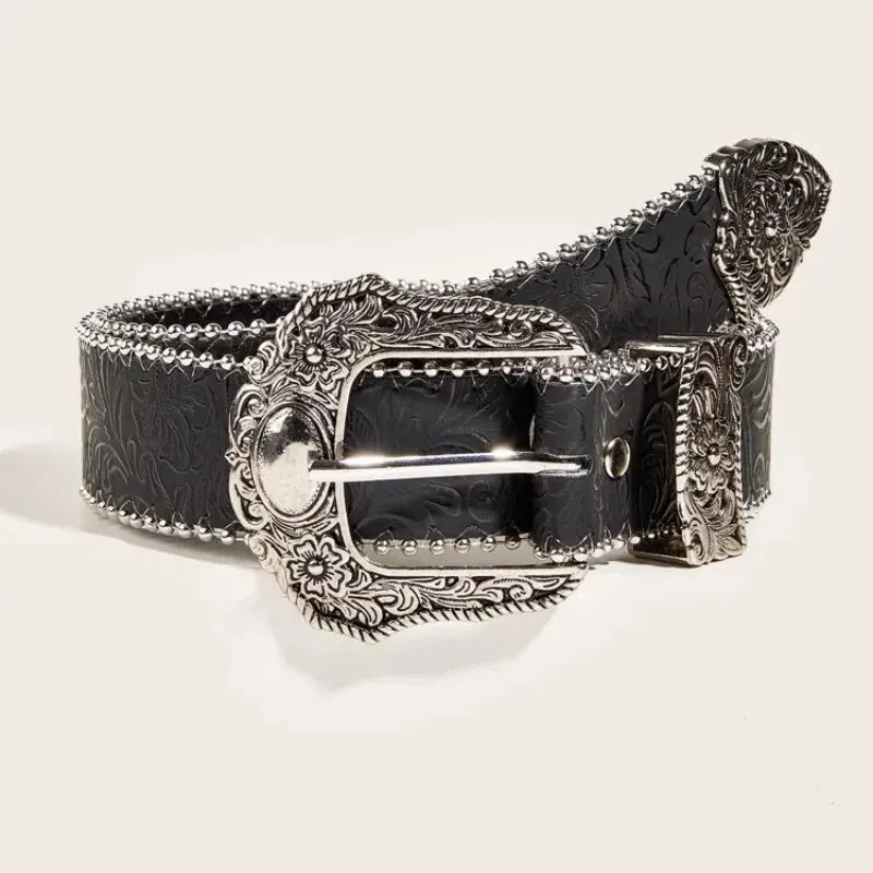 Western Pu Leder Gürtel Western Cowboy Frauen Cowgirl Unisex Taille Gürtel mit Metall gravur Schnalle Image