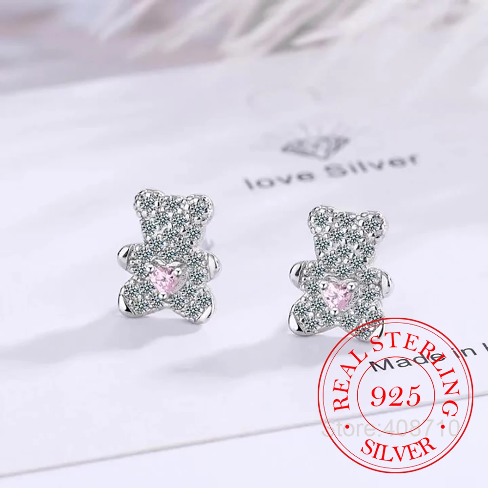 925 Sterling Silber Einfache Kristall Nette Rosa Herz Bär Stud Ohrringe für Frauen Hochzeit Schmuck Geschenk Pendientes Mujer Moda Image