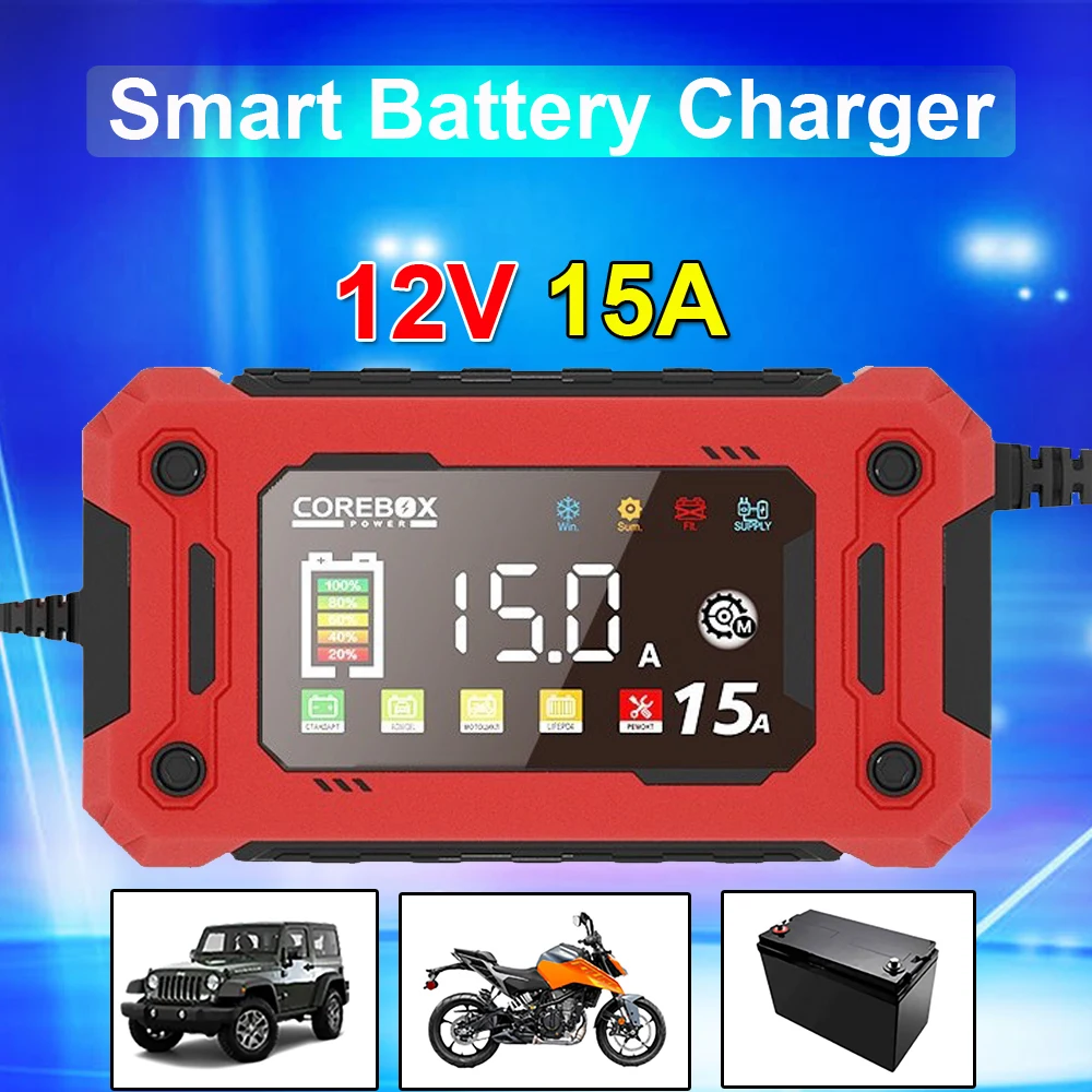 12V Autobatterieladegerät 15A Pulsreparatur Smart Ladegerät für Auto Motorrad Blei Säure AGM GEL Lithium-Eisen-Batterien Image