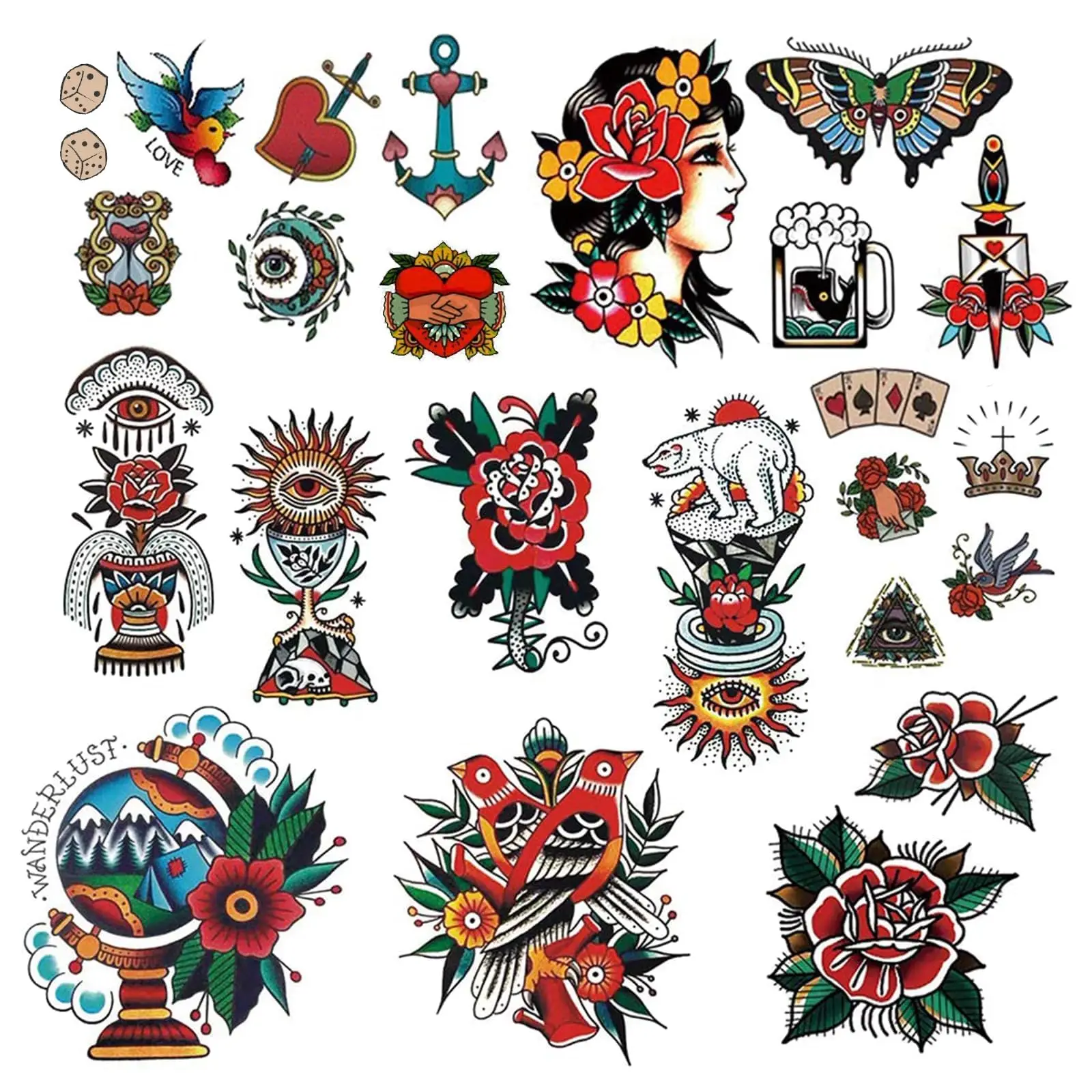 Klassische temporäre Tattoos – Old-School-Aufkleber in verschiedenen Größen, wasserfeste Vintage-Designs: Blumen, Rosen, Schwalben