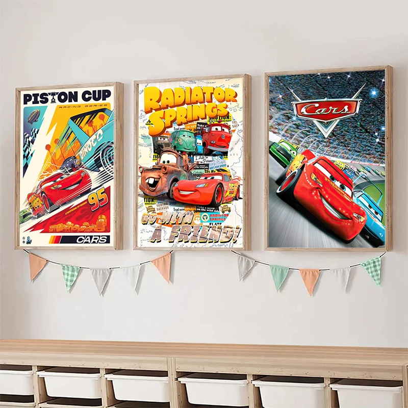 Autos Cartoon Film Kunstdrucke Heizkörperfedern Poster Lightning McQueen Leinwand Malerei Kinderzimmer Wand Dekor Geschenk für Jungen Image